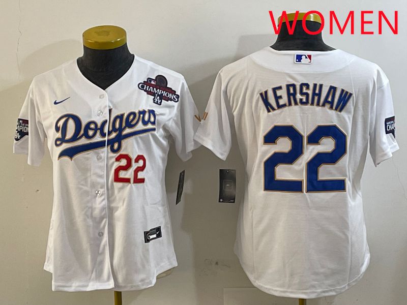 Women Los Angeles Dodgers #22 Kershaw White Gold Game 2025 Nike MLB Jersey style 4